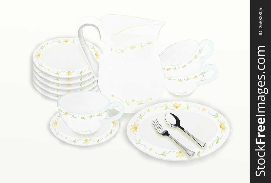 Teapots and tea accessories with floral pattern