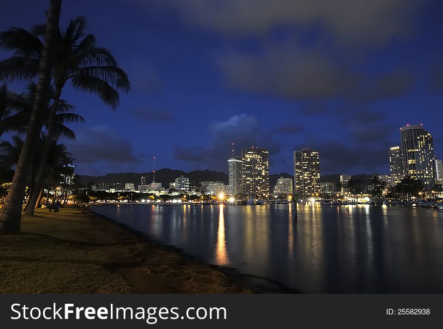 Honolulu city lights from Ala Moana magic island