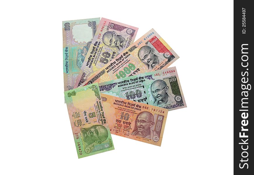 The photo of modern Indian banknotes in number of six pieces. The photo of modern Indian banknotes in number of six pieces