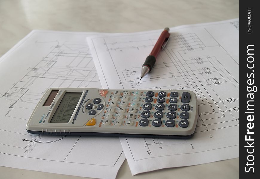 Scientific calculator on engineer drawings
