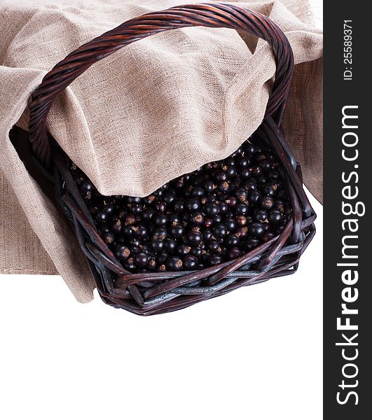 Black currant berry in wood basket isolated on white