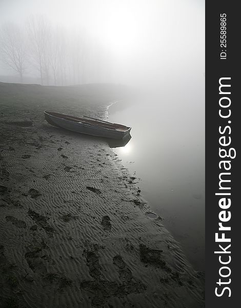 Boat on the river bank. Heavy fog. Boat on the river bank. Heavy fog.