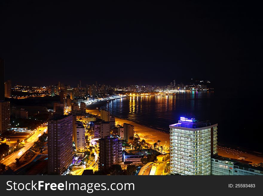 Aerial view of buildings on the beach in Benidorm seafront. Aerial view of buildings on the beach in Benidorm seafront