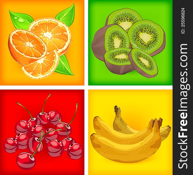 Four banners with orange, banana, kiwi and cherries on color background, vector illustration. Four banners with orange, banana, kiwi and cherries on color background, vector illustration