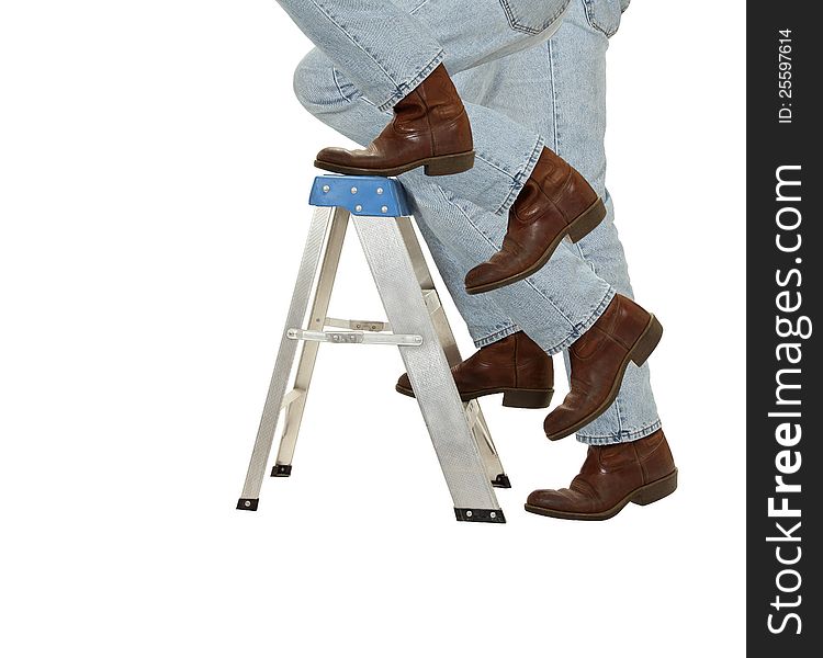 A man ascends a ladder isolated on white. A man ascends a ladder isolated on white