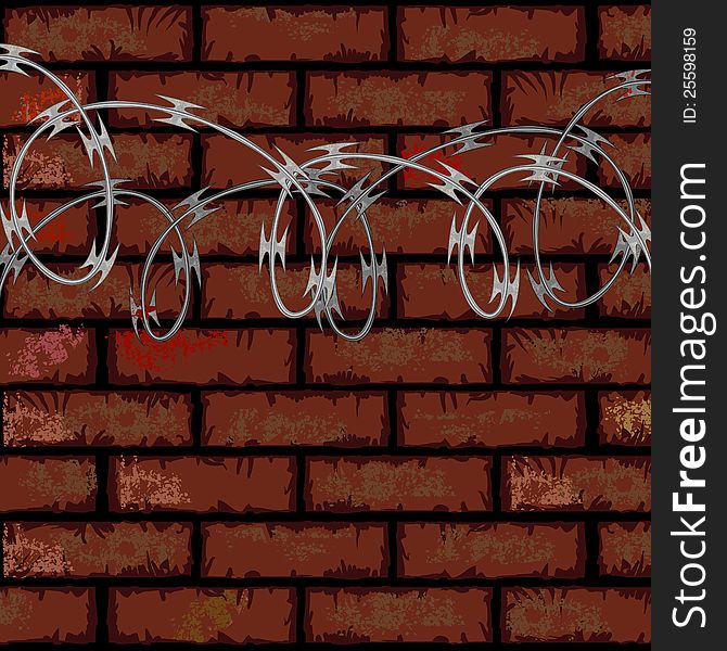 Urban industrial background with brick wall and razor wire