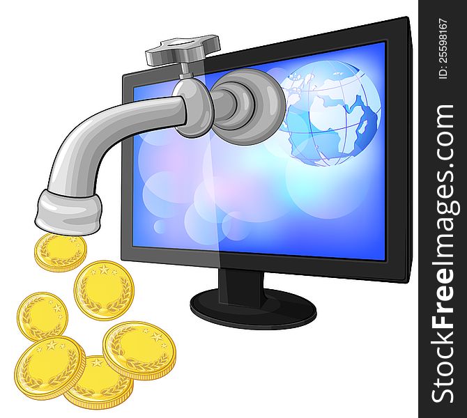 Computer monitor with faucet and dripping golden coins. Computer monitor with faucet and dripping golden coins