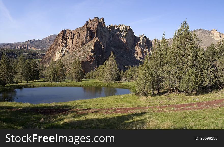 Smith Rock and a pond in Oregon State USA. Smith Rock and a pond in Oregon State USA