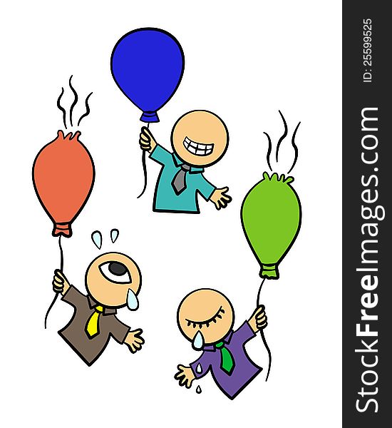 Illustration of three business men flying while holding on a balloon, two of them are falling. Illustration of three business men flying while holding on a balloon, two of them are falling