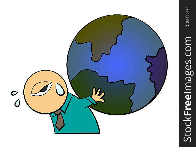 A humorous illustration of a business man holding the planet earth. A humorous illustration of a business man holding the planet earth