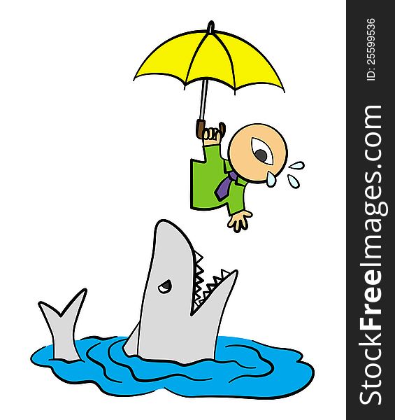 A business man falling and holding an umbrella while a shark is waiting for him below. A business man falling and holding an umbrella while a shark is waiting for him below