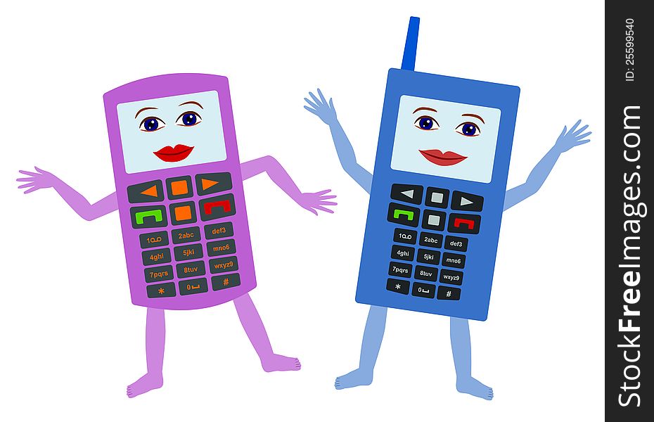 Cartoon illustration of two cellphones with happy faces. Cartoon illustration of two cellphones with happy faces