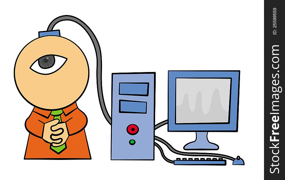 A cartoon character with his head plugged into a computer