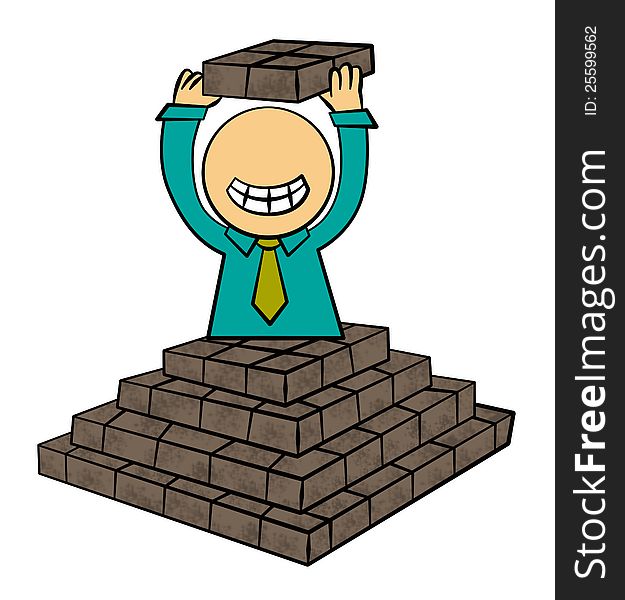 A cartoon business man on top of a pyramid. A cartoon business man on top of a pyramid