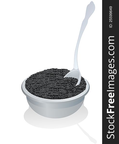 A cup and a spoon with sturgeon caviar. The illustration on a white background. A cup and a spoon with sturgeon caviar. The illustration on a white background.