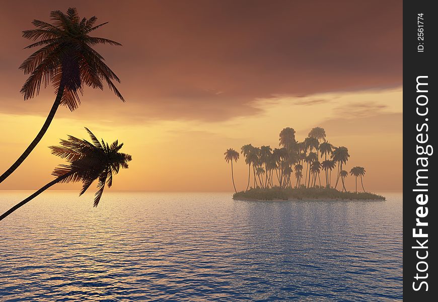 Sunset coconut palm trees on small island - 3d illustration.