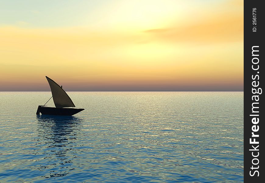 Small boat and sunset sky - 3d landscape scene .