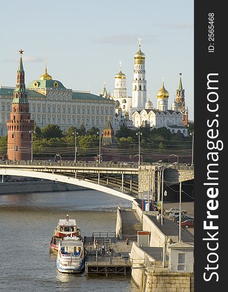 Russian Moscow Kremlin. bridge and Moscow river. Russian Moscow Kremlin. bridge and Moscow river