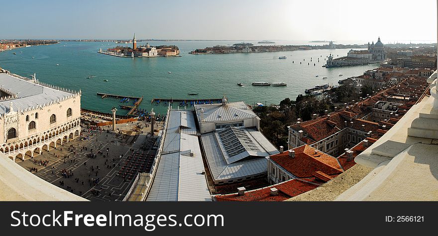 180Â° panorama photo of the roofs of venice and Canale Grande from the Campanille Tower looking south at late afternoon. 180Â° panorama photo of the roofs of venice and Canale Grande from the Campanille Tower looking south at late afternoon