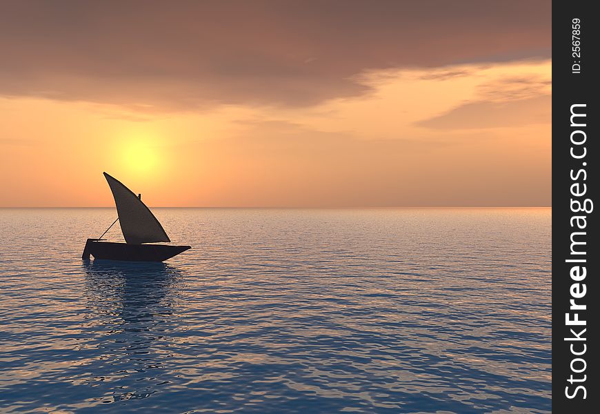 Small boat and sunset sky - 3d landscape scene .