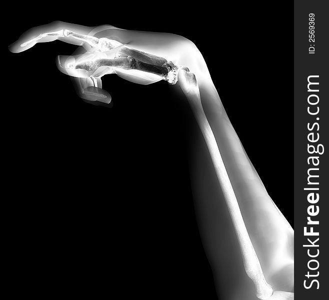 An computer created image of an x-rayed hand. An computer created image of an x-rayed hand.