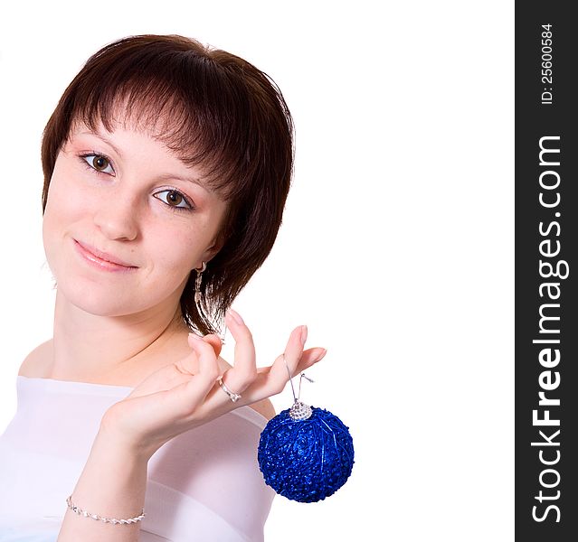 A smiling girl holding a new year's eve ball. Isolated on white background. A smiling girl holding a new year's eve ball. Isolated on white background