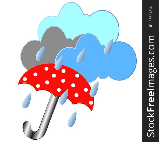 Red umbrella with rain clouds and drops. Red umbrella with rain clouds and drops