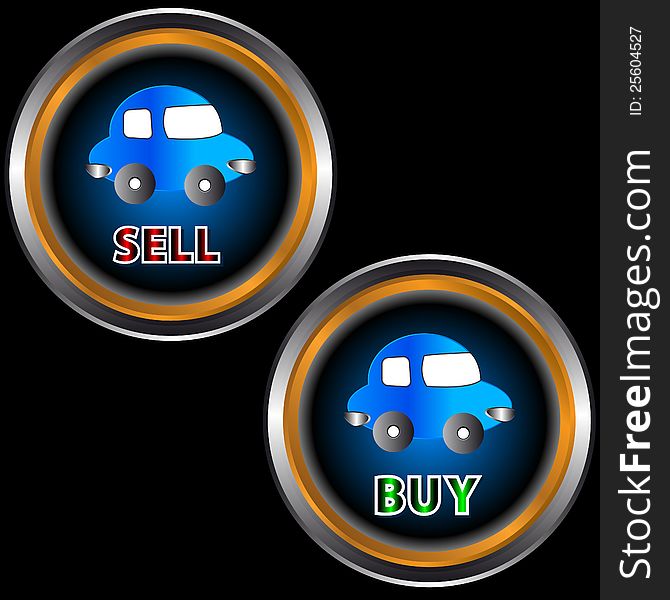 Buttons to sell and buy with cars on a black background. Buttons to sell and buy with cars on a black background
