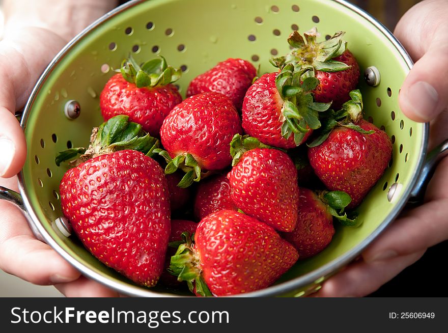 Hands Holding Colander of Strawberries