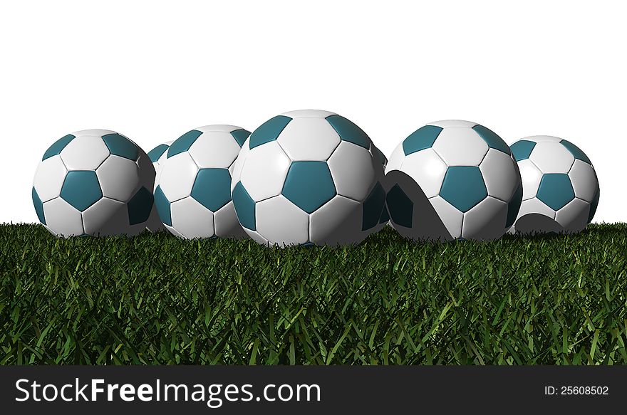 Cyan soccer balls on a green grass