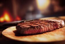 A Piece Of Grilled Steak On A Wooden Board With A Fire In The Background Royalty Free Stock Photography