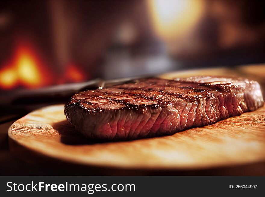 A Piece of Grilled Steak on a Wooden Board with a fire in the background