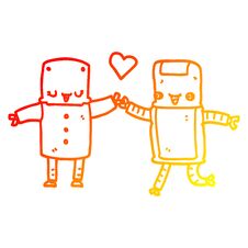 Warm Gradient Line Drawing Cartoon Robots In Love Royalty Free Stock Photos