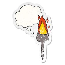 Cartoon Flaming Chalice And Thought Bubble As A Distressed Worn Sticker Royalty Free Stock Images