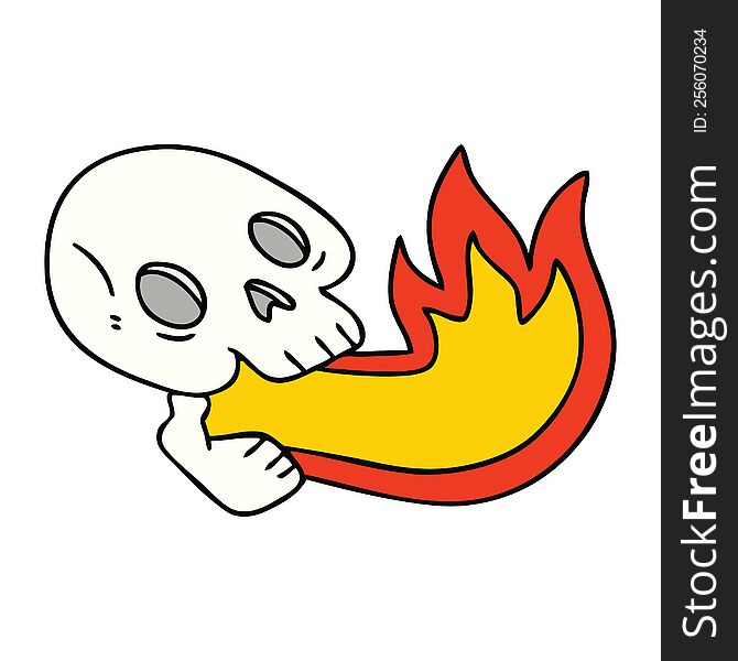 Fire Breathing Quirky Hand Drawn Cartoon Skull