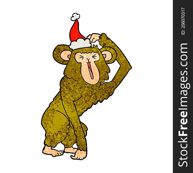 hand drawn textured cartoon of a chimp scratching head wearing santa hat