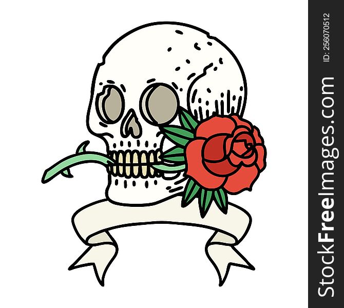 Tattoo With Banner Of A Skull And Rose