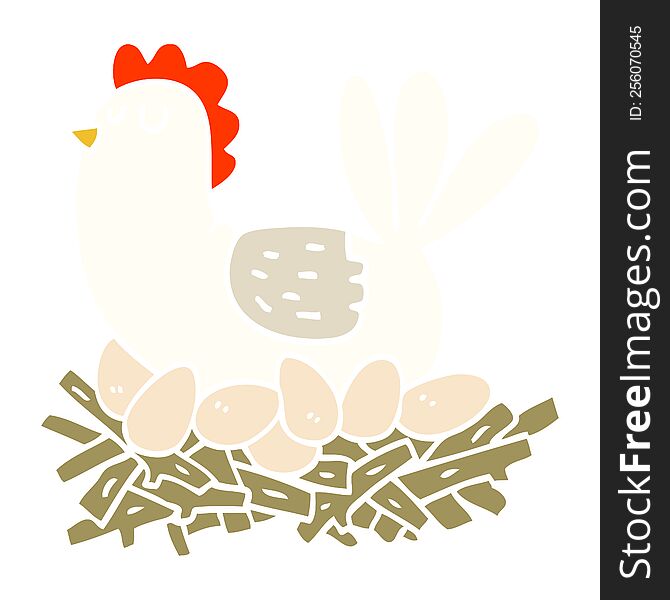 flat color illustration cartoon chicken on nest of eggs