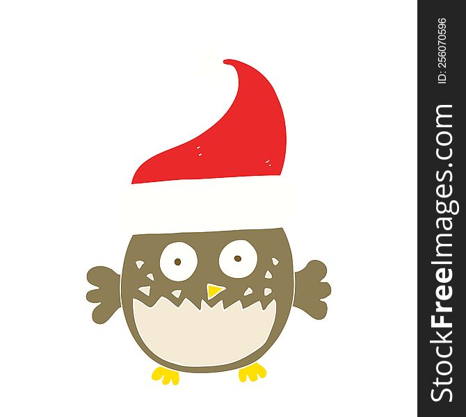 Flat Color Illustration Of A Cartoon Owl Wearing Christmas Hat