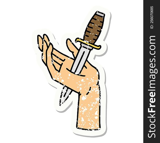 Traditional Distressed Sticker Tattoo Of A Dagger In The Hand