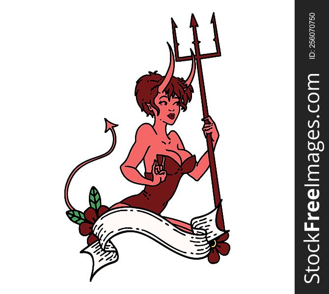 tattoo in traditional style of a pinup devil girl with banner. tattoo in traditional style of a pinup devil girl with banner