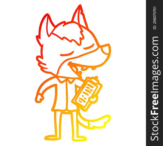 warm gradient line drawing of a cartoon saleman wolf laughing