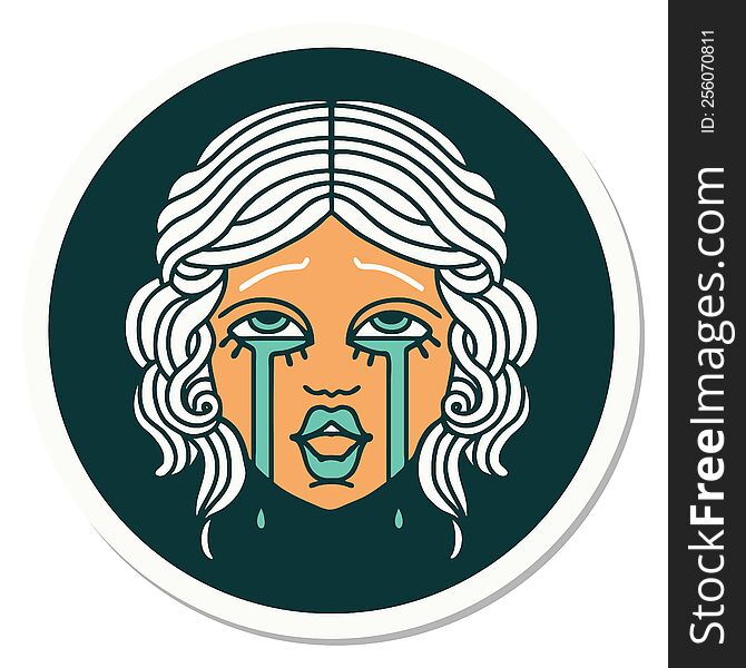 tattoo style sticker of a very happy crying female face