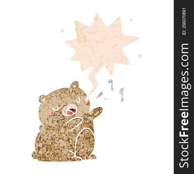 Cartoon Singing Bear And Speech Bubble In Retro Textured Style