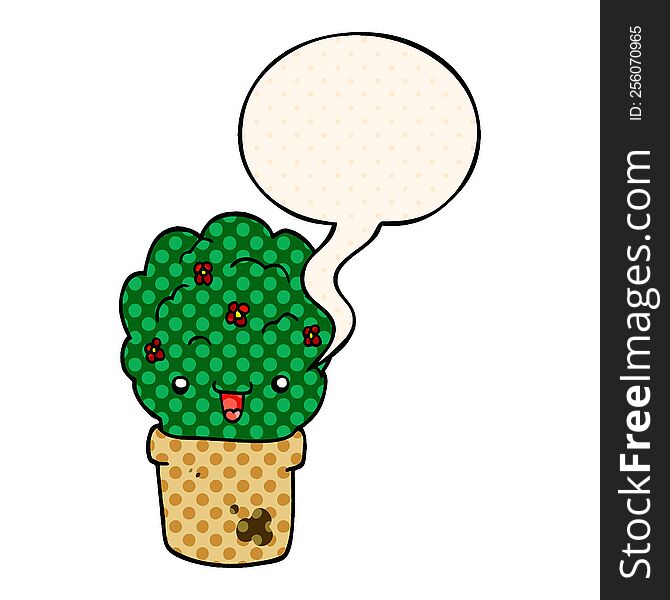 cartoon shrub in pot with speech bubble in comic book style
