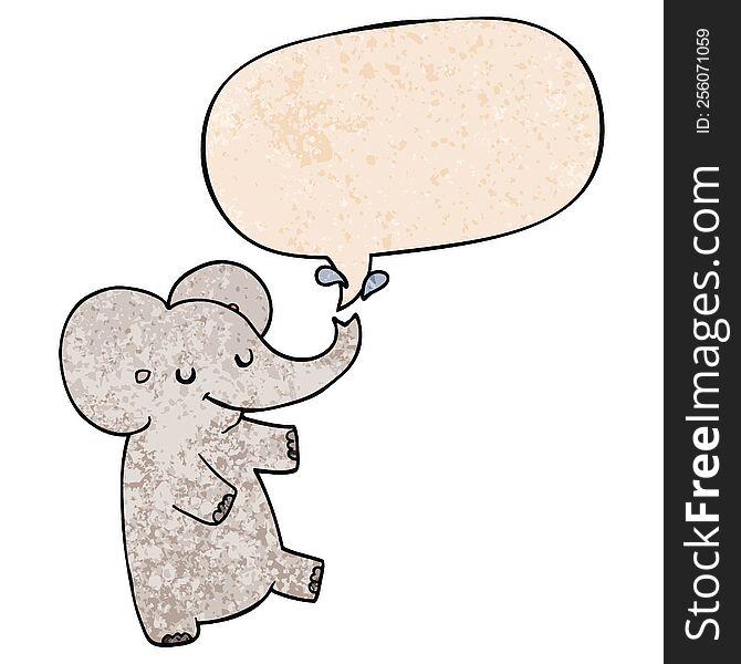 cartoon dancing elephant with speech bubble in retro texture style