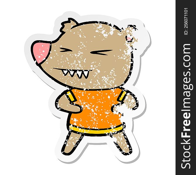 distressed sticker of a angry bear cartoon in t shirt