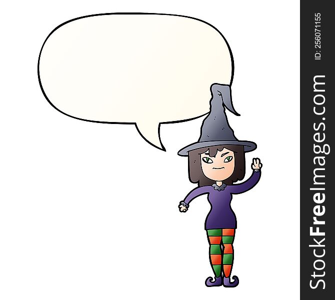 cartoon witch with speech bubble in smooth gradient style