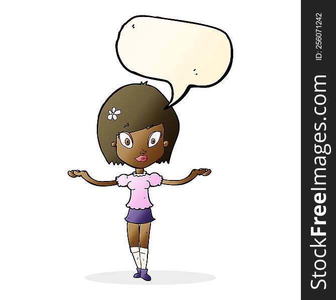 cartoon woman making balancing gesture with speech bubble