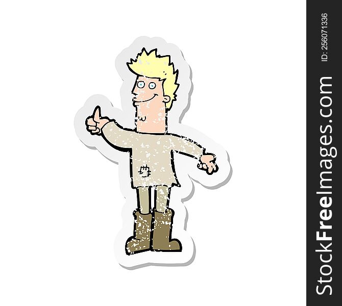 retro distressed sticker of a cartoon positive thinking man in rags